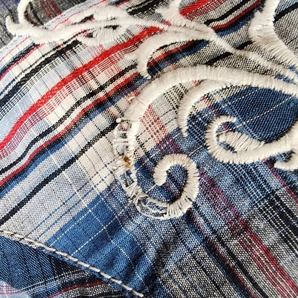 Panhandle Slim Plaid Pearl Snap Shirt Embroidered Blue Red Size Medium - Picture 16 of 16